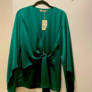NWT Ramy Brook Cassandra Emerald Green Satin Wrap Top